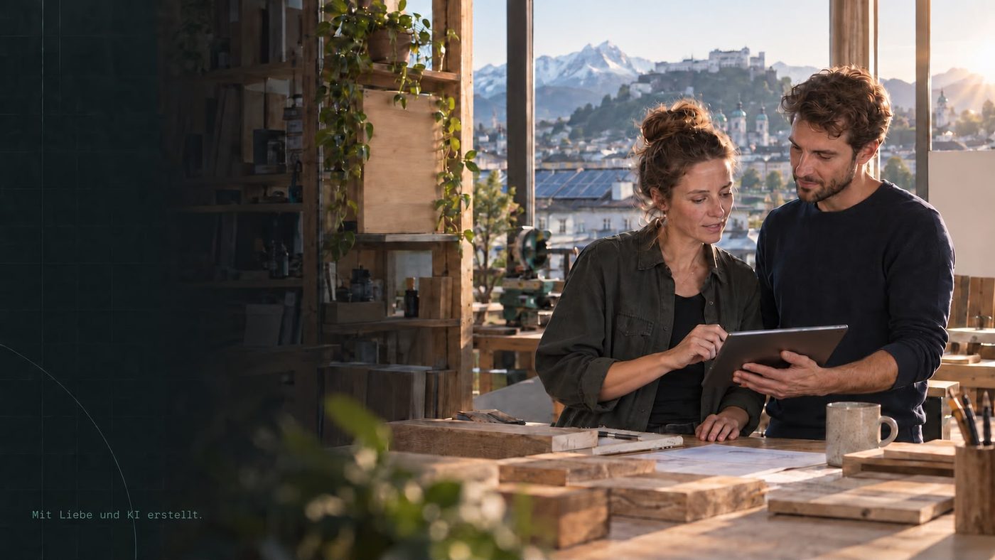 Zwei Personen an einer Werkbank sehen gemeinsam auf ein Tablet, im Fenster dahinter die Festung Hohensalzburg