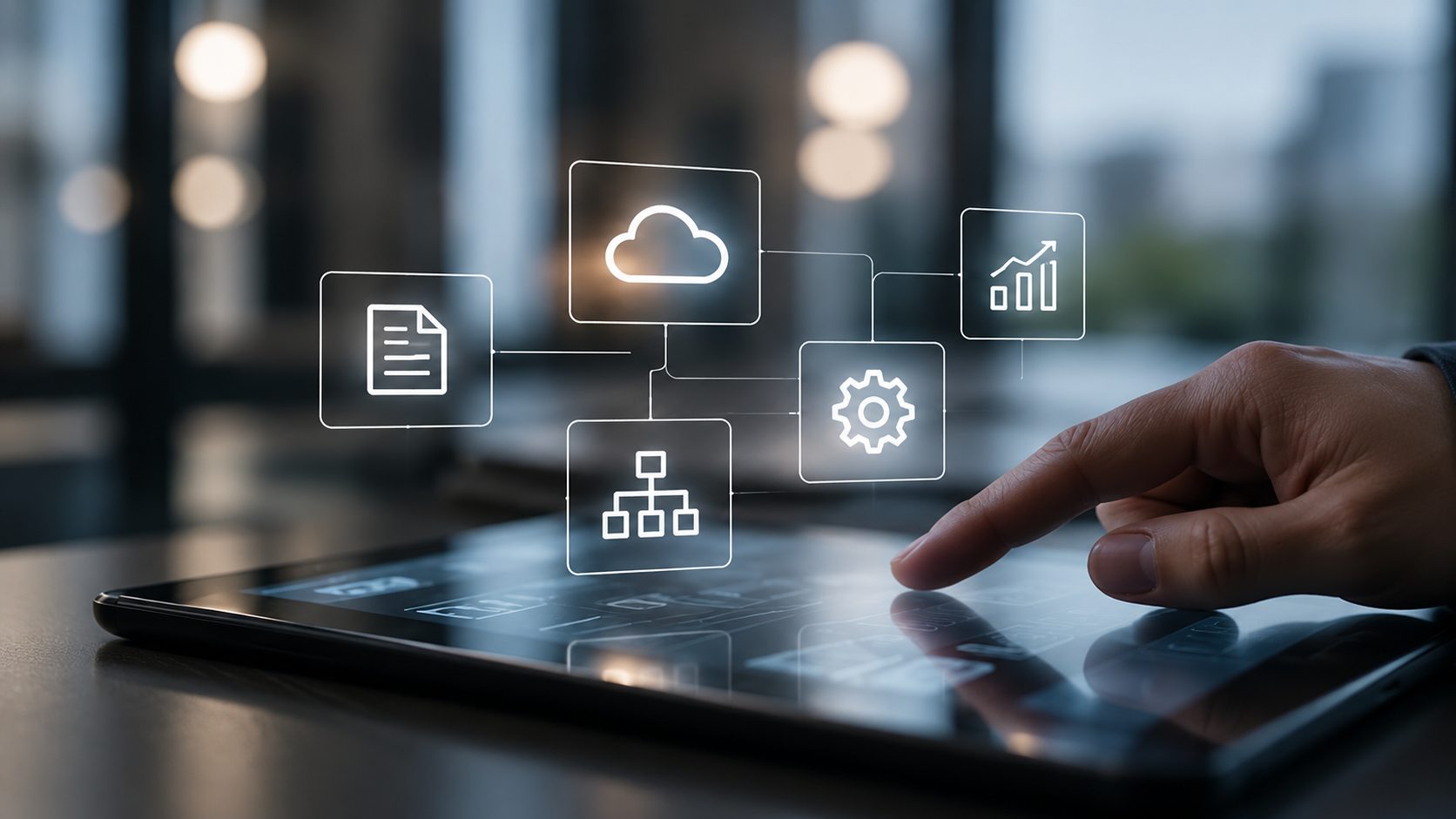 Eine Hand tippt auf ein Tablet, darüber schweben Symbole für Dokument, Cloud, Zahnrad und Diagramm