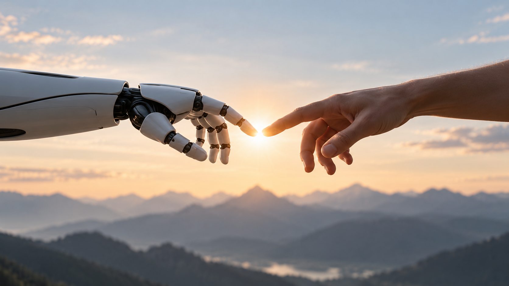 Eine Roboterhand und eine menschliche Hand berühren sich mit den Fingerspitzen, dahinter eine Bergkette im Morgenlicht