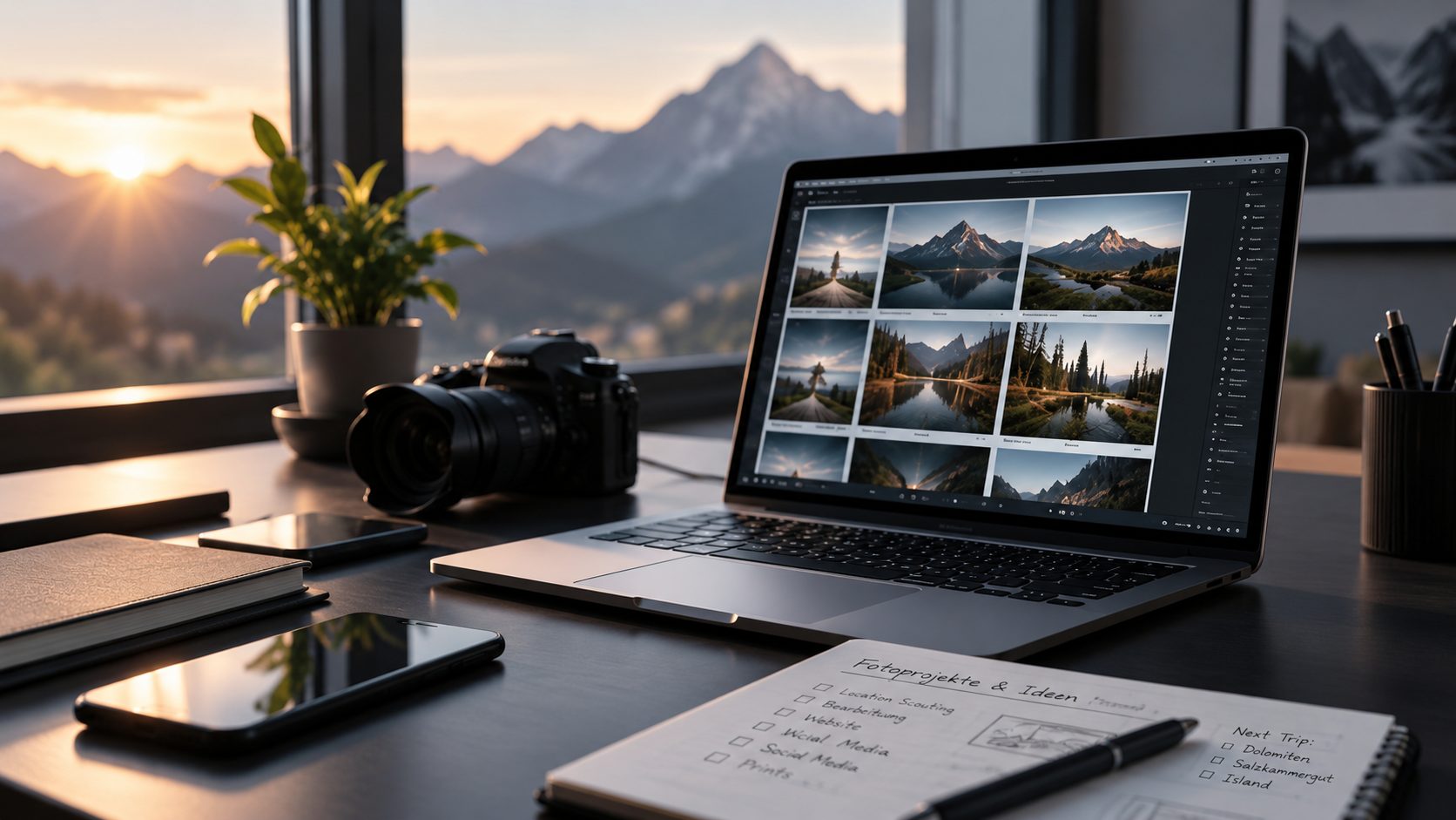 Schreibtisch am Fenster: auf dem Laptop ein Raster aus Landschaftsfotos, daneben eine Kamera, ein Notizblock und eine Pflanze