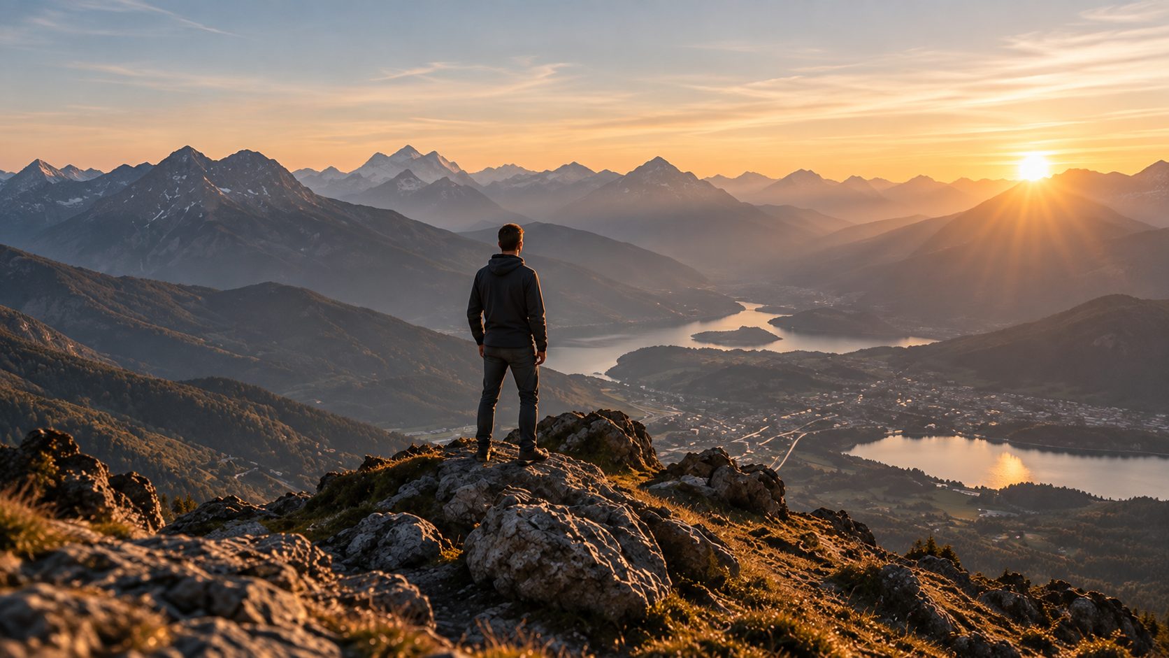 Eine Person steht auf einem Felsvorsprung und blickt über ein Tal mit See, dahinter geht die Sonne zwischen Bergen auf