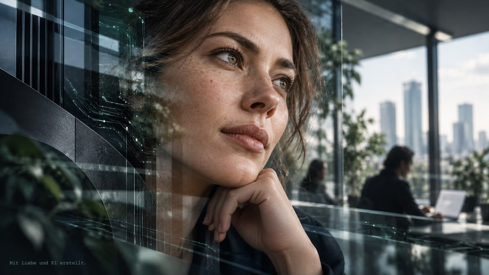 Eine Frau blickt nachdenklich zur Seite; in der Glasscheibe spiegeln sich ein Besprechungsraum und eine Stadt